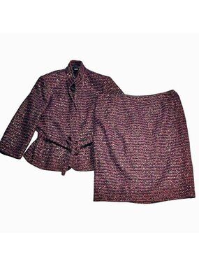 Linda Allardelle Textured Striped Belted Blazer & Skirt Suit Set